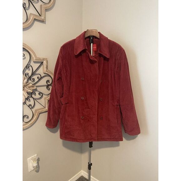 Gloria Vanderbilt Red Corduroy Lined Peacoat Womens size Large XL Buttons - Picture 3 of 12